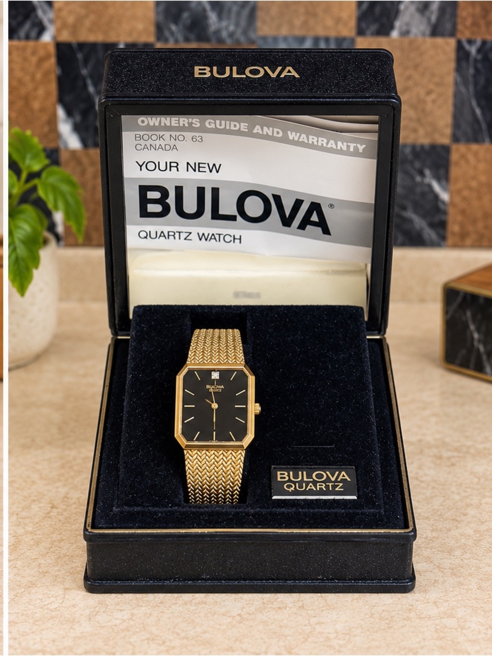 Vintage Bulova Quartz Diamond Accent Black Dial Gold Mesh Watch w/ Box Papers